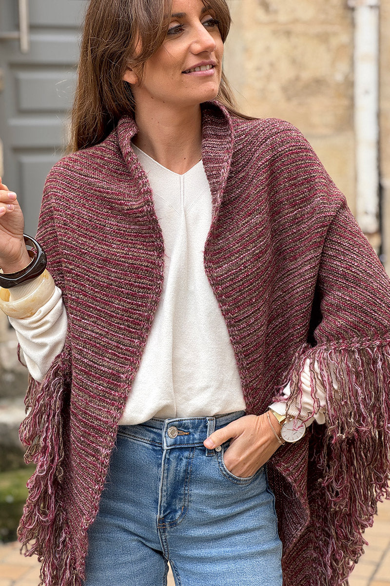 Châle à franges en maille chinée aubergine