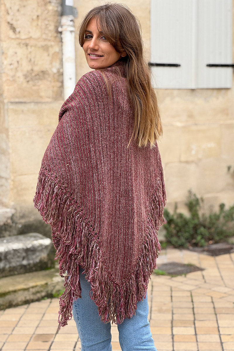 Châle à franges en maille chinée aubergine