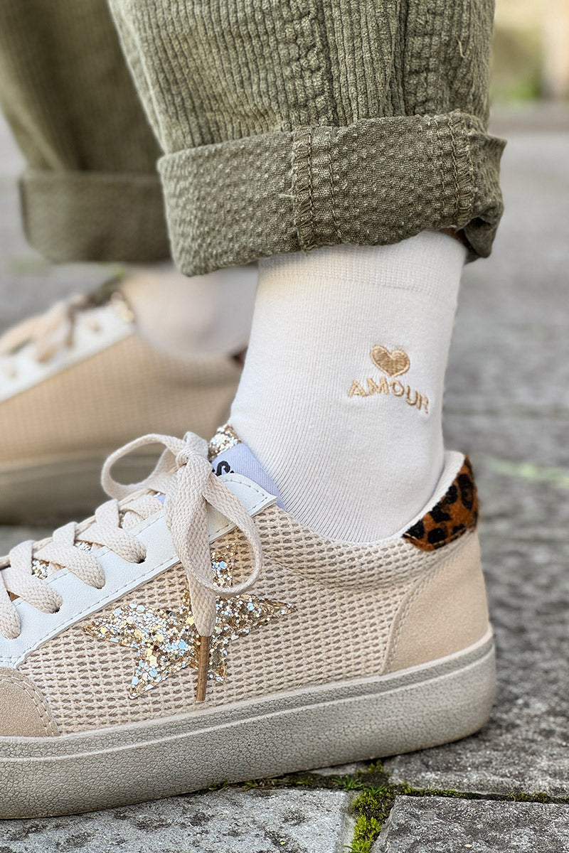 White Amour Heart Embroidered Crew Socks