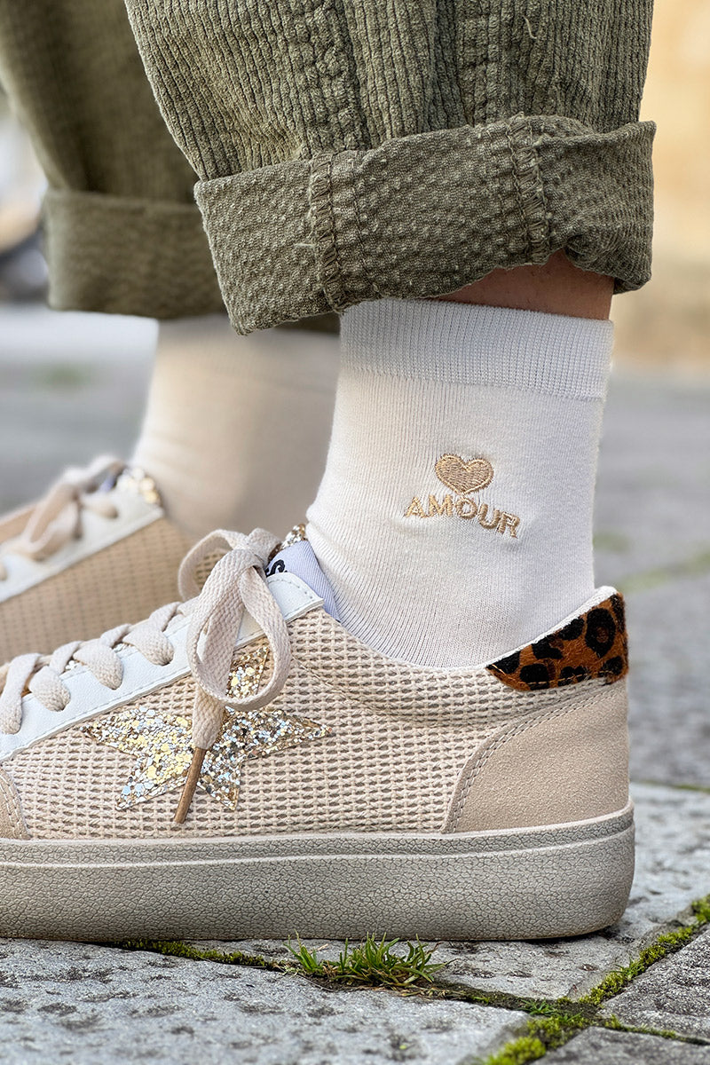 White Amour Heart Embroidered Crew Socks