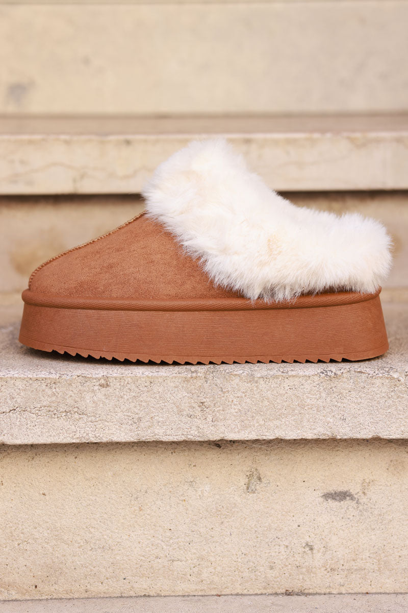Tan Sueded Slip-On Clogs with Faux Fur Trim