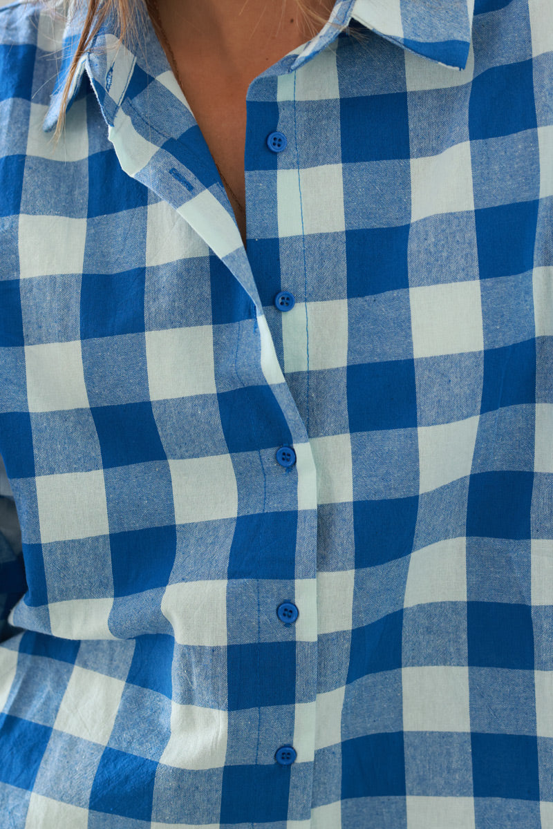 Blue Gingham Cotton Button-Down Shirt