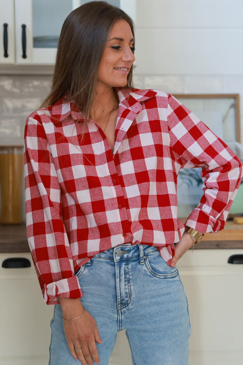 Burgundy Gingham Cotton Button-Down Shirt