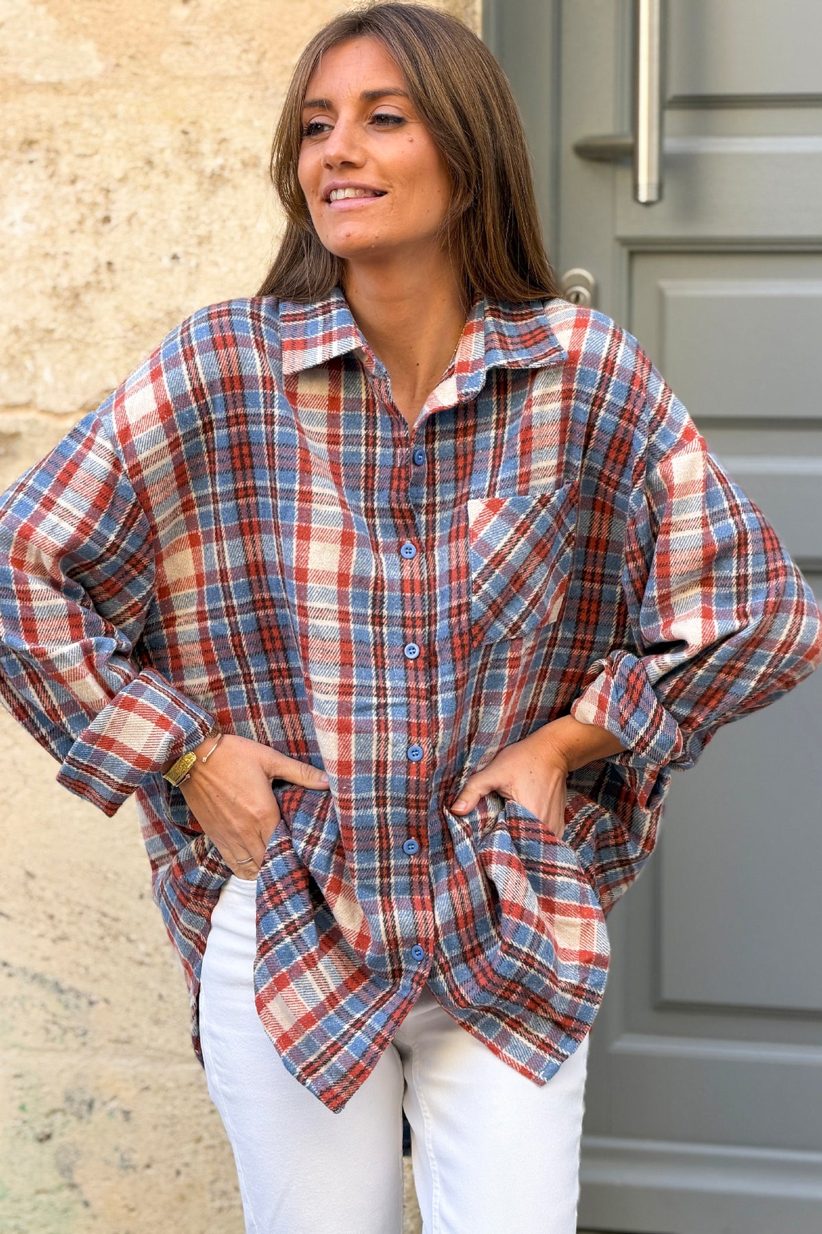 Chemise chaude en flanelle motifs carreaux Ecossais terracotta et bleu