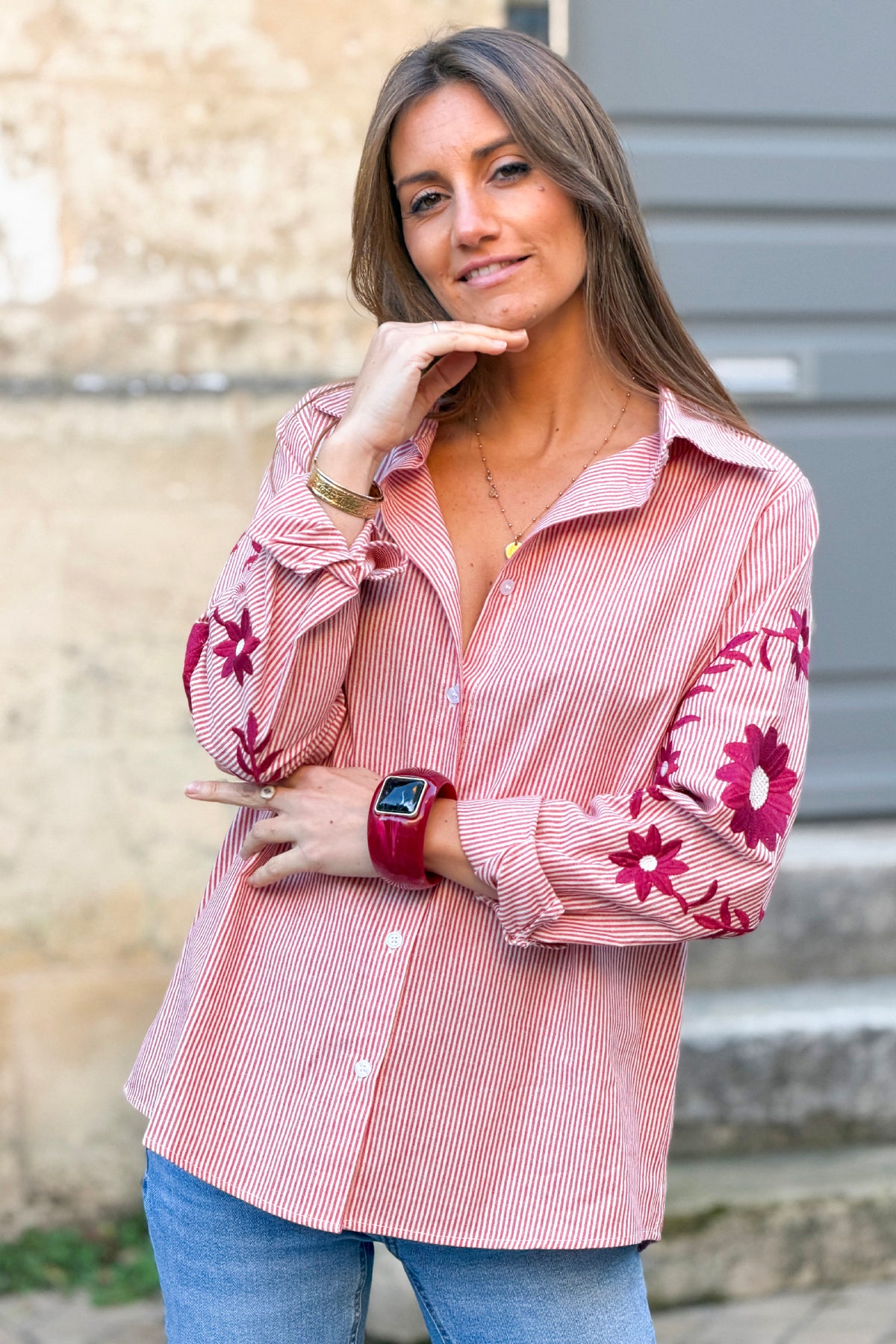 Aubergine Embroidered Sleeve Pinstripe Poplin Blouse
