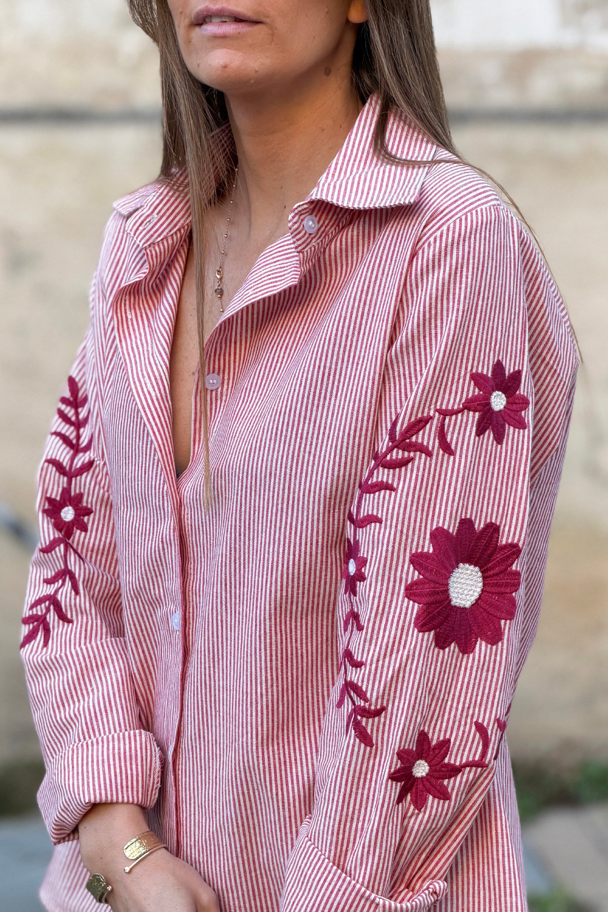 Aubergine Embroidered Sleeve Pinstripe Poplin Blouse