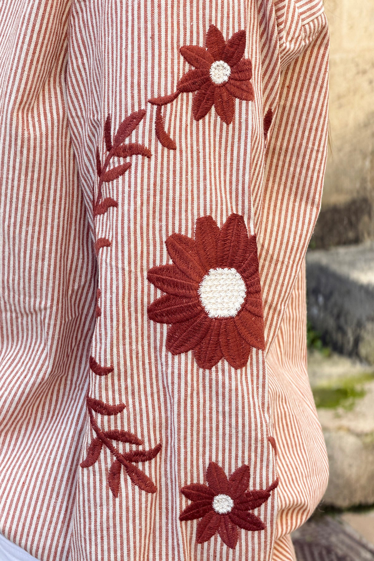 Brown Embroidered Sleeve Pinstripe Poplin Blouse