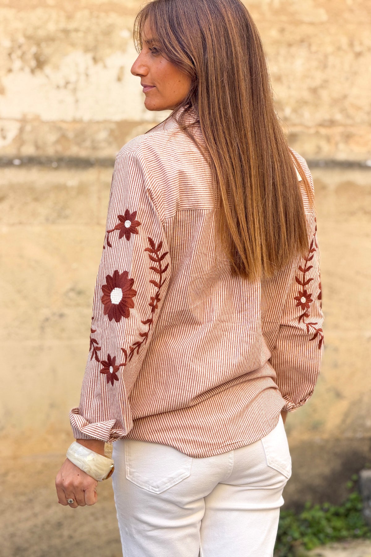 Brown Embroidered Sleeve Pinstripe Poplin Blouse