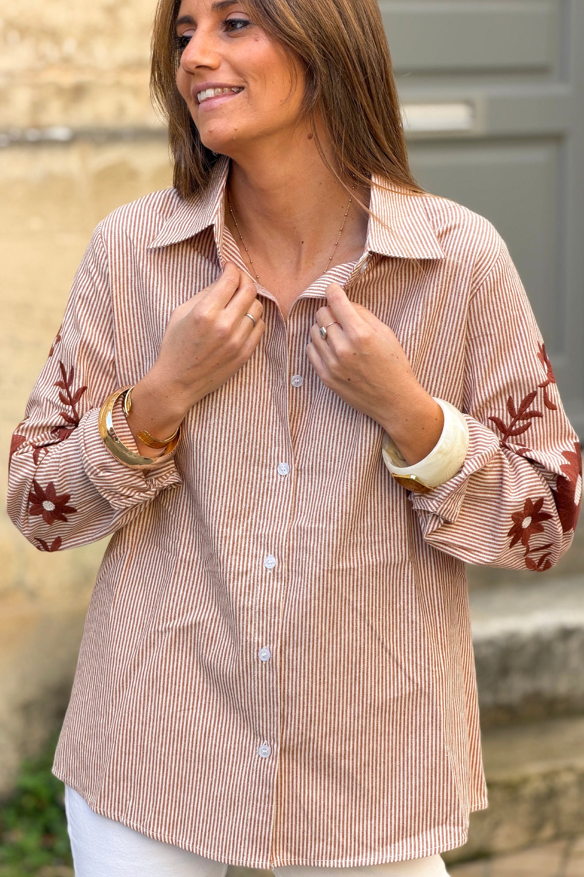 Brown Embroidered Sleeve Pinstripe Poplin Blouse