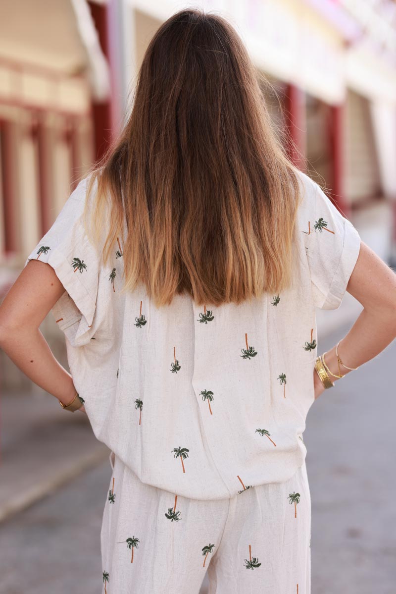Chemise beige à manches courtes en lin mélangé broderie palmiers