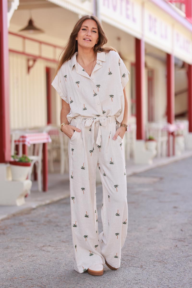 Chemise beige à manches courtes en lin mélangé broderie palmiers