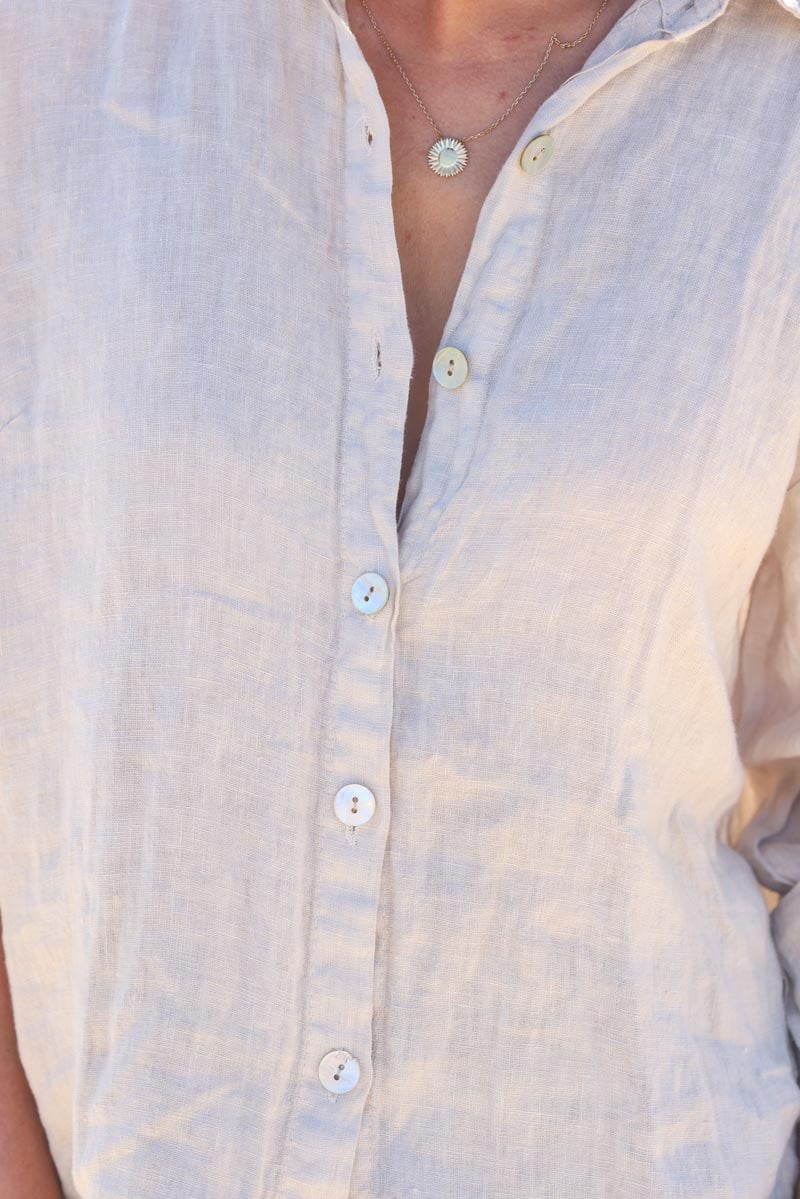 Chemise beige en lin boutons nacres g211 (1)