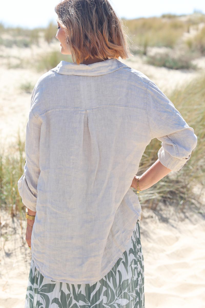 Chemise beige en lin boutons nacres g211 (1)