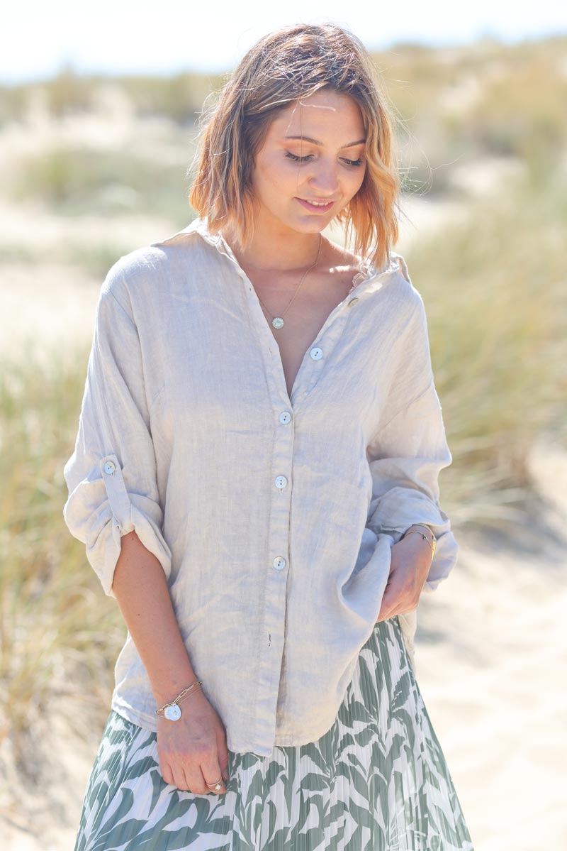 Chemise beige en lin boutons nacres g211 (1)