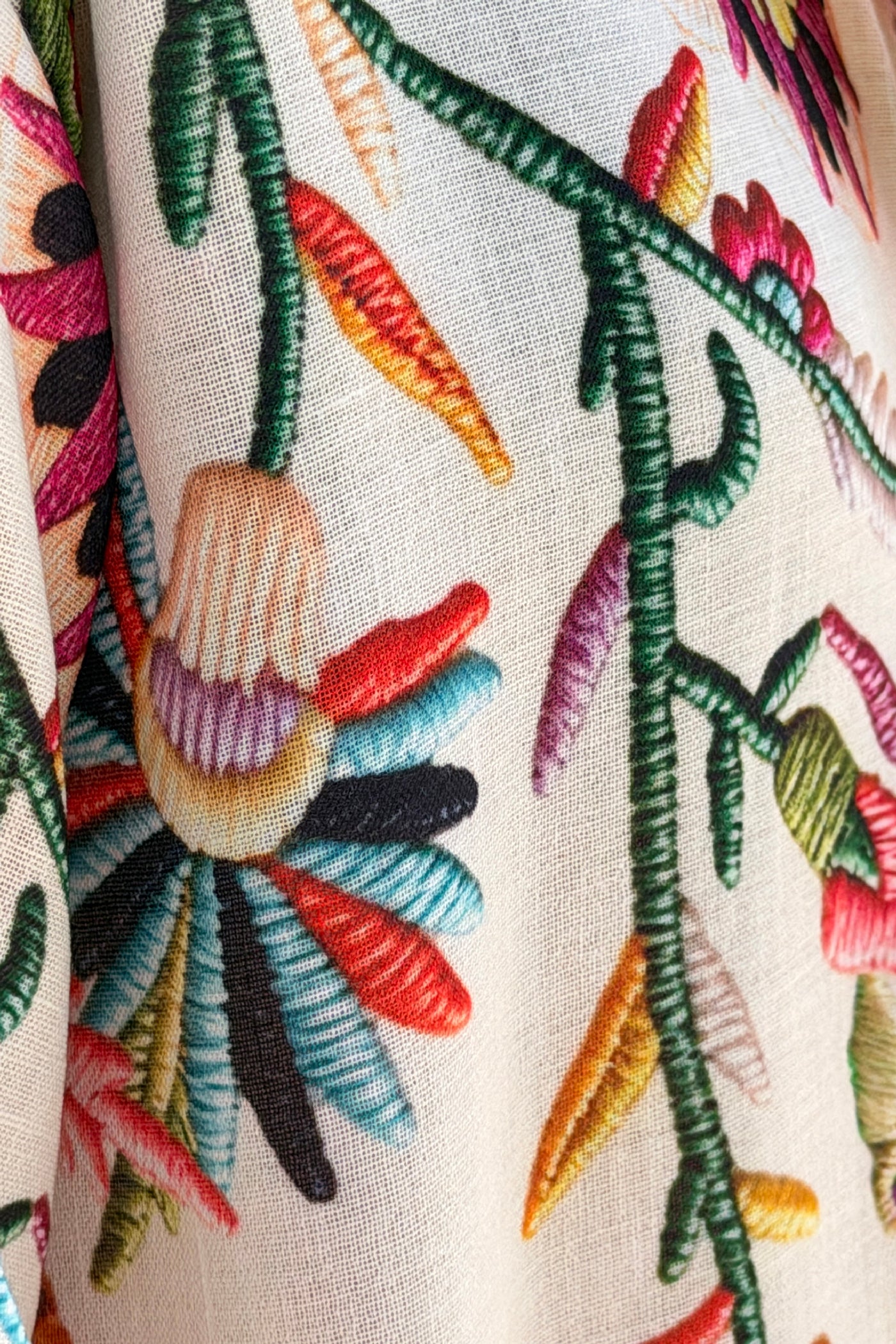 Beige Embroidered Folk Garden Button-Down Blouse