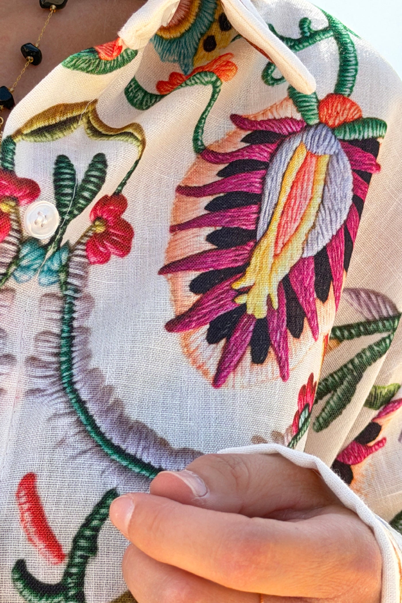 Beige Embroidered Folk Garden Button-Down Blouse