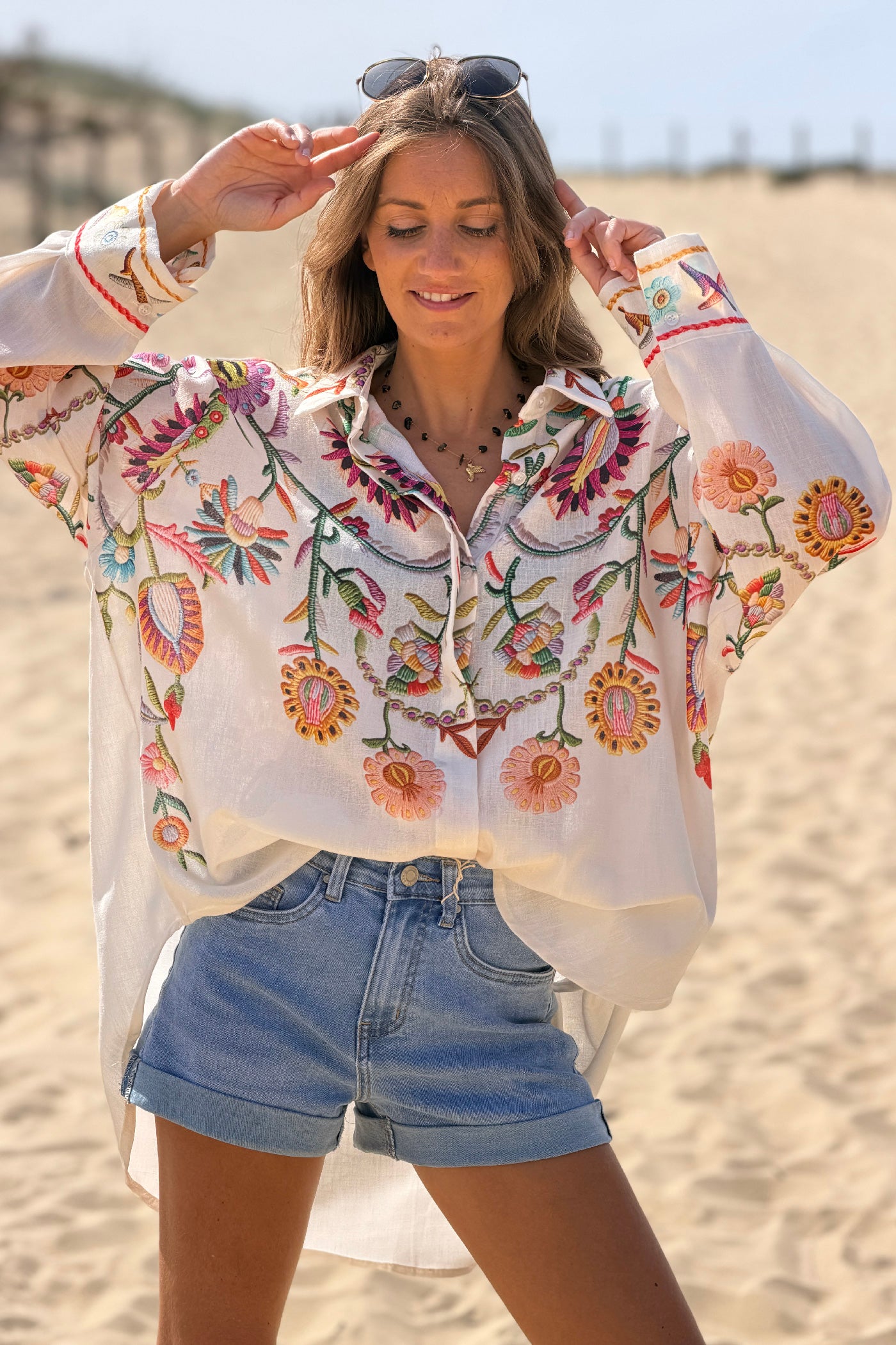 Beige Embroidered Folk Garden Button-Down Blouse