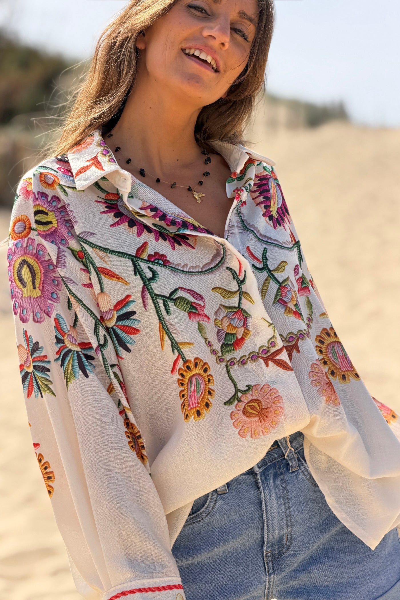 Beige Embroidered Folk Garden Button-Down Blouse