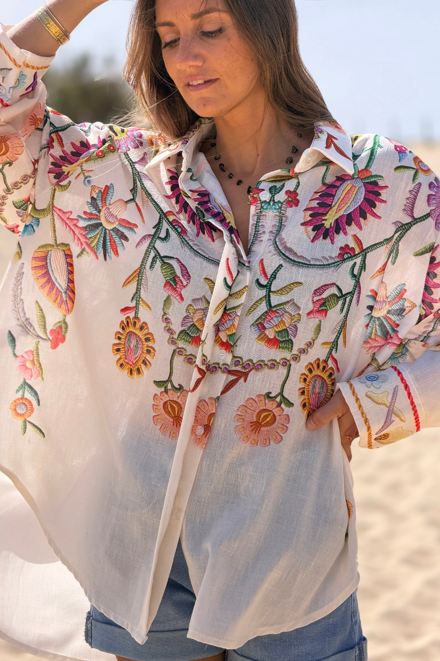 Beige Embroidered Folk Garden Button-Down Blouse