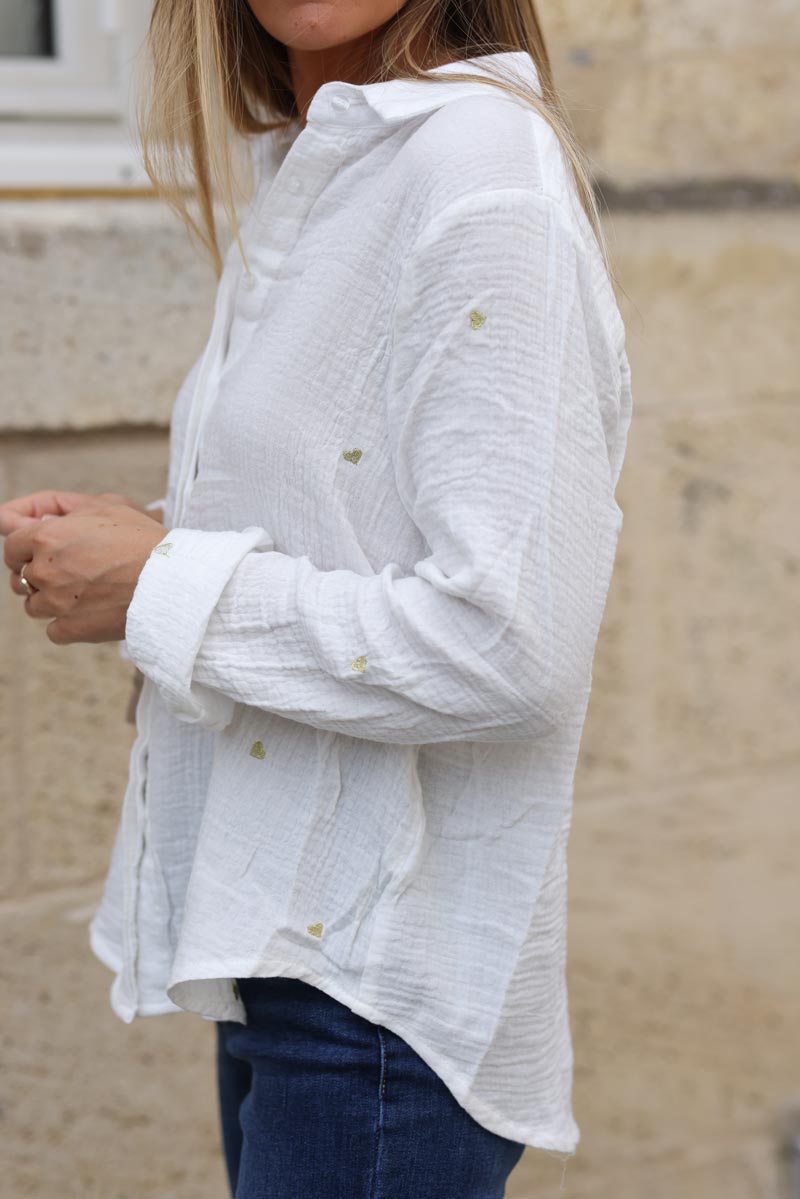 Chemise blanc casse en gaze de coton broderie petits coeurs dores h266 (1)