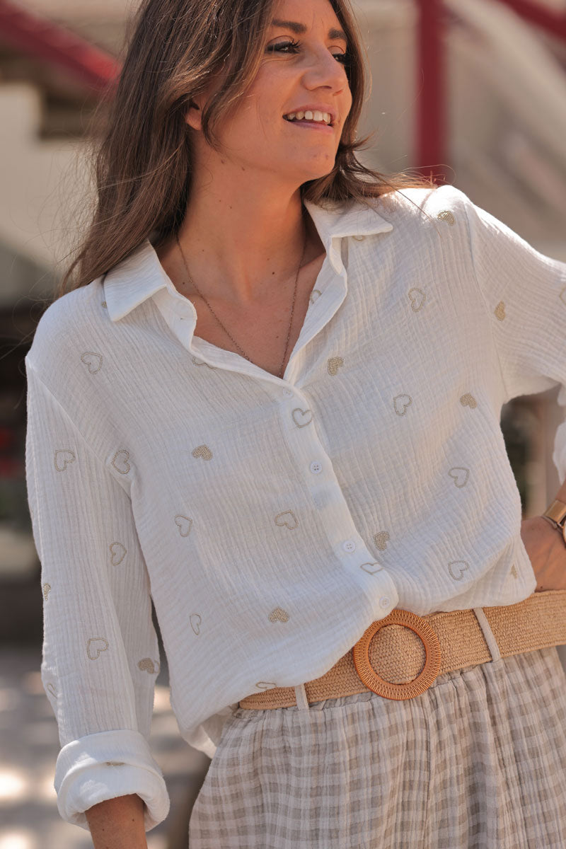 Off White Gauze Gold Embroidered Hearts Blouse