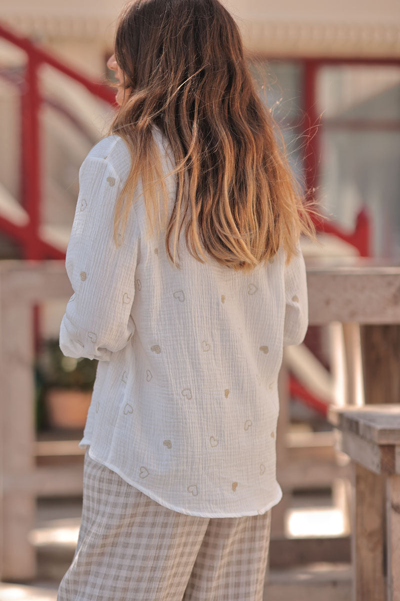 Off White Gauze Gold Embroidered Hearts Blouse