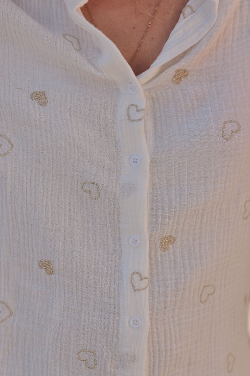 Off White Gauze Gold Embroidered Hearts Blouse