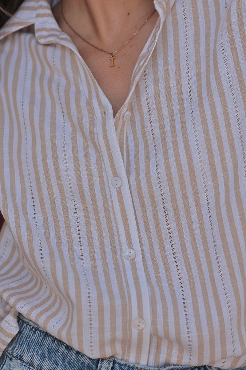 Chemise blanche à rayures beige détails ajourés
