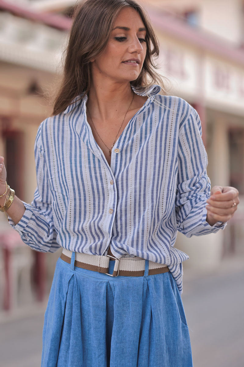 Chemise blanche à rayures bleu jean détails ajourés