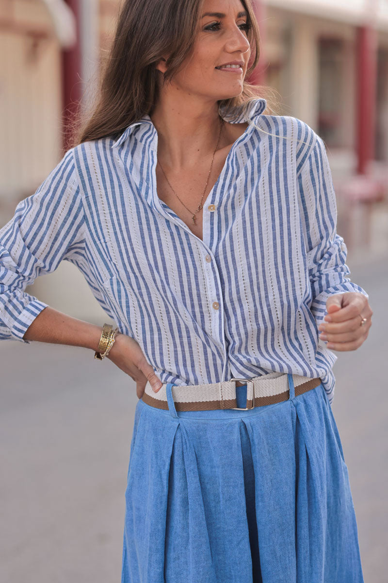 Chemise blanche à rayures bleu jean détails ajourés