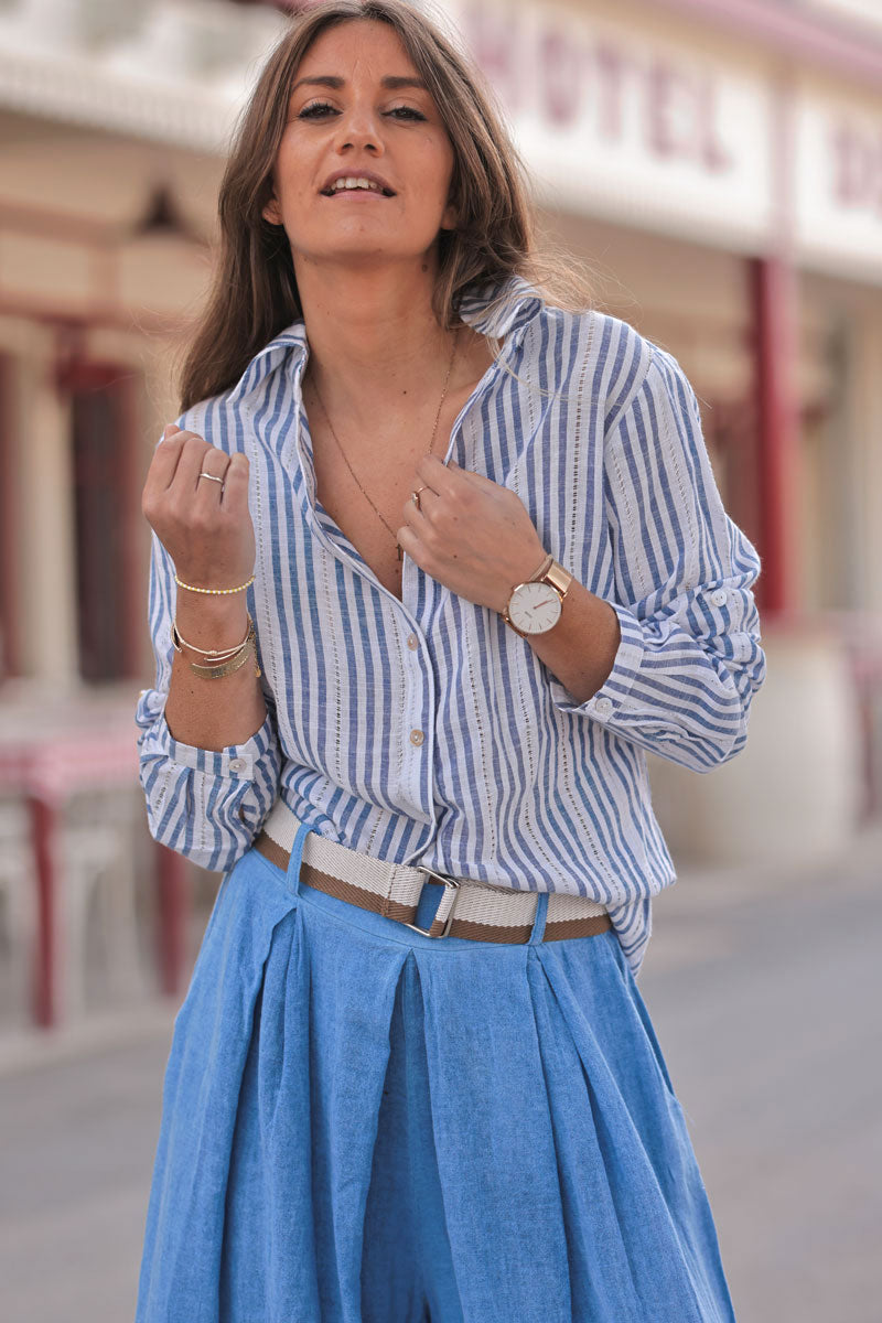 Chemise blanche à rayures bleu jean détails ajourés