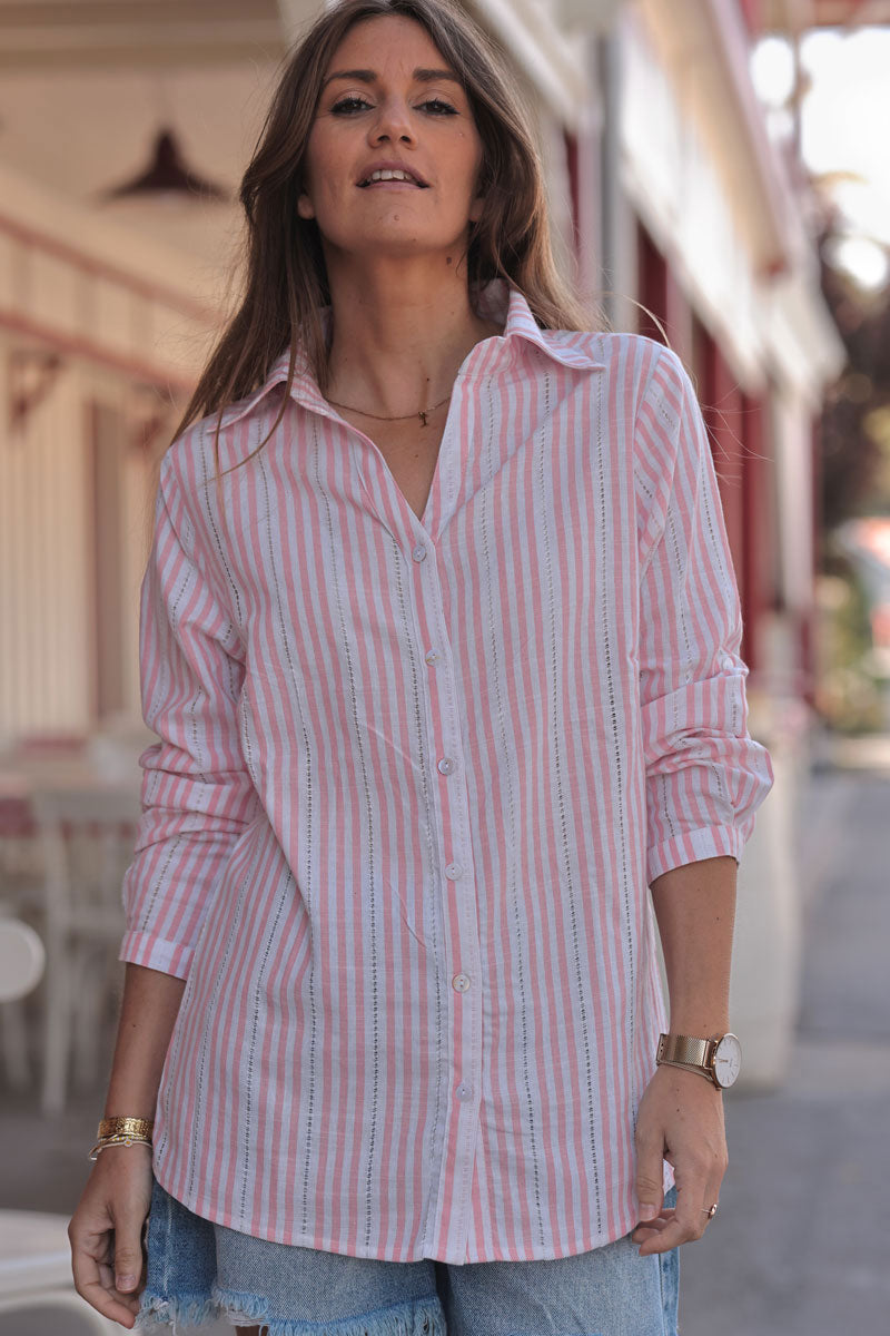 Chemise blanche à rayures rose pâle détails ajourés