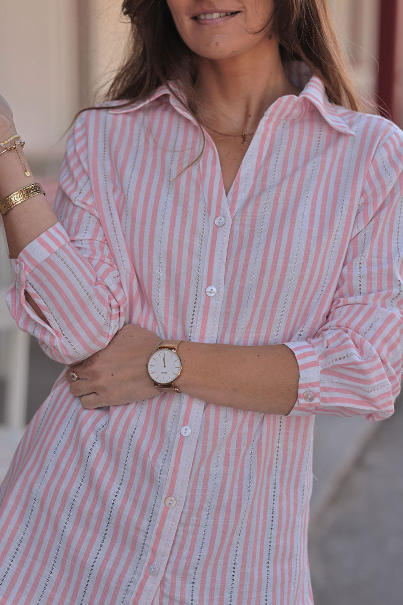 Chemise blanche à rayures rose pâle détails ajourés