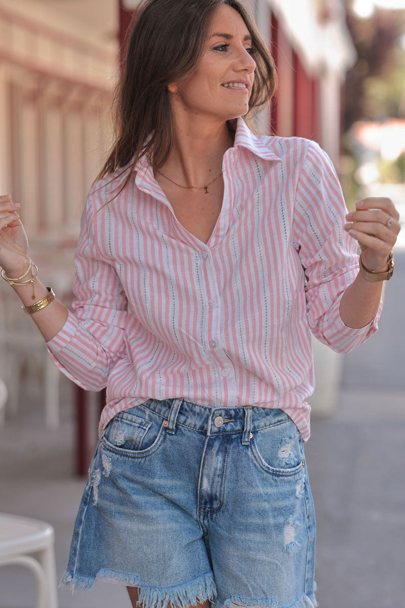 Chemise blanche à rayures rose pâle détails ajourés