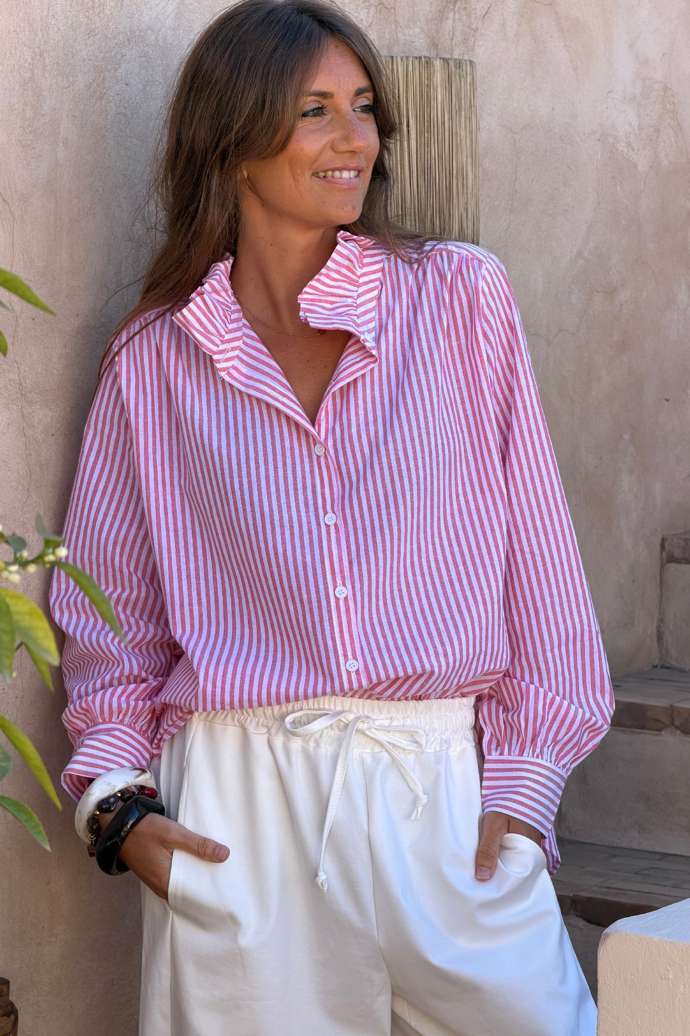 Pink Pinstripe Ruffle Collar Blouse