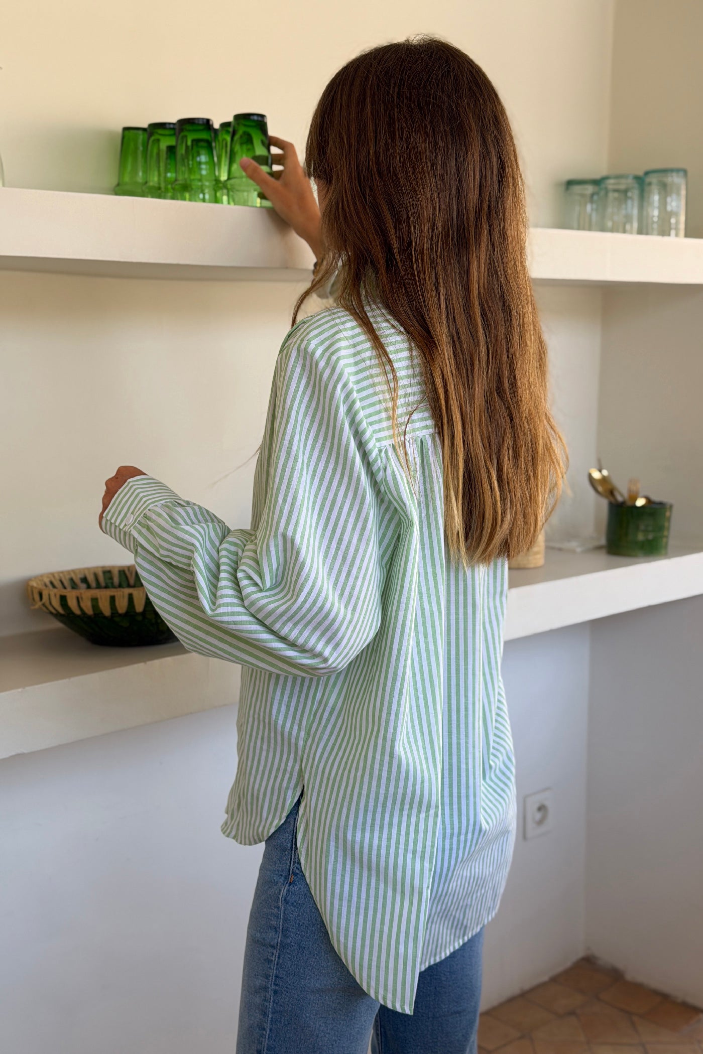 Seafoam Pinstripe Ruffle Collar Blouse