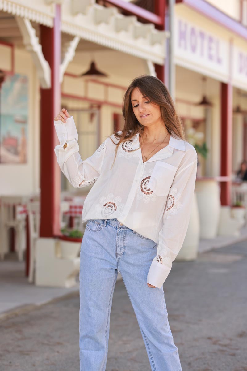 White Crochet Doily Button-Down Blouse