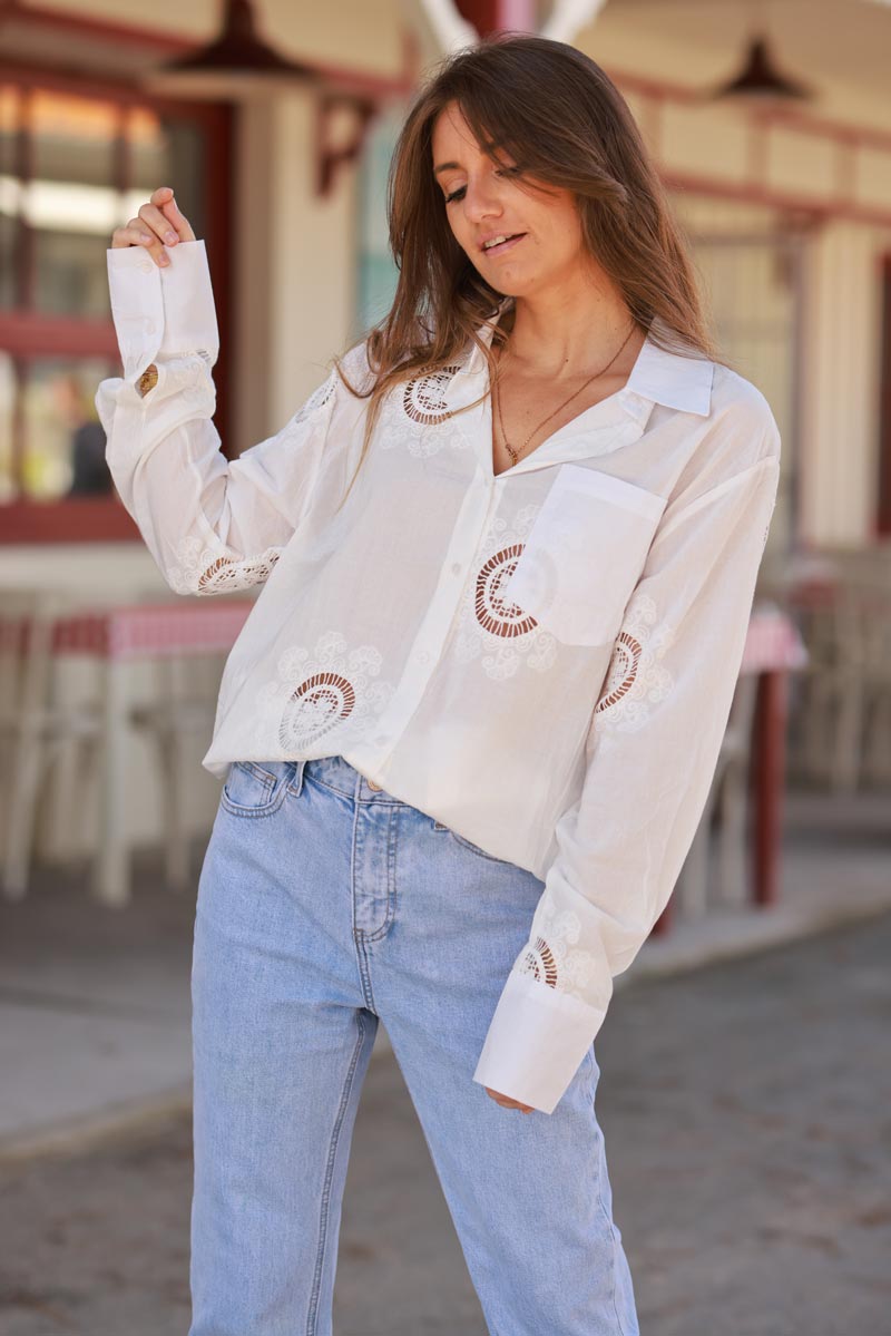 White Crochet Doily Button-Down Blouse