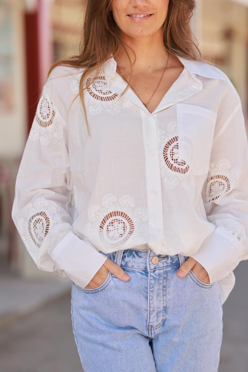 White Crochet Doily Button-Down Blouse