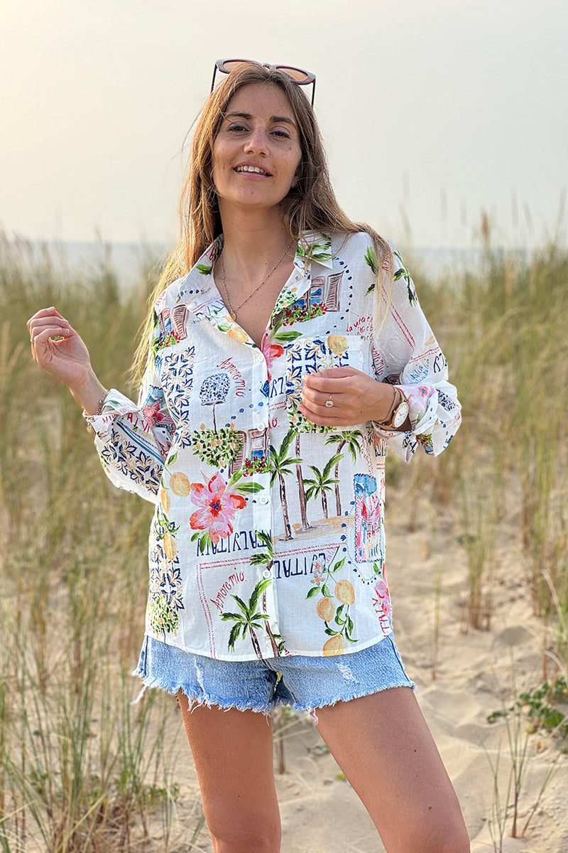 Chemise blanche en coton imprimé carte postale Italie citrons