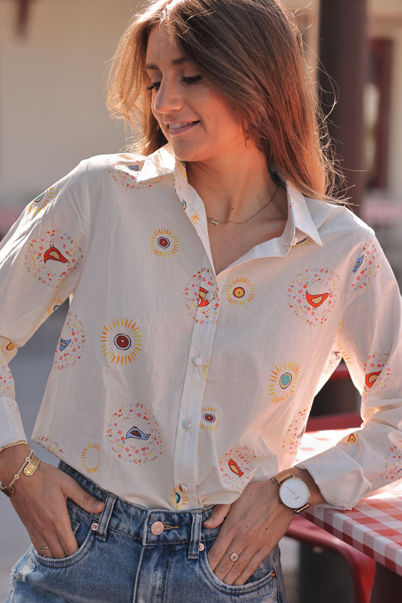 Chemise blanche en coton imprimé dessins oiseaux soleils