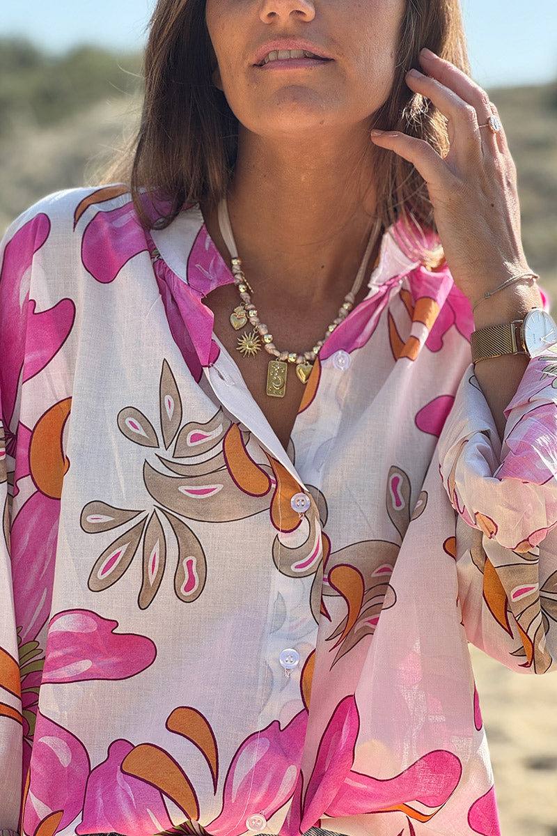 Chemise blanche en coton imprimé fleurs tropicales fuchsia