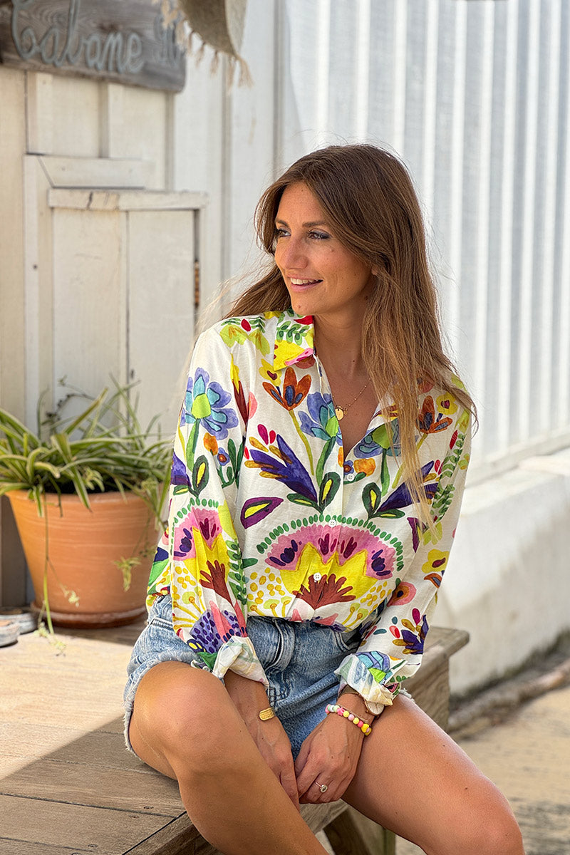 White Lotus Print Button-Down Blouse
