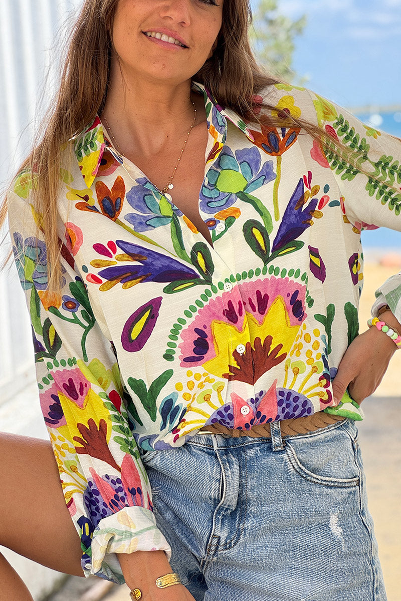 White Lotus Print Button-Down Blouse
