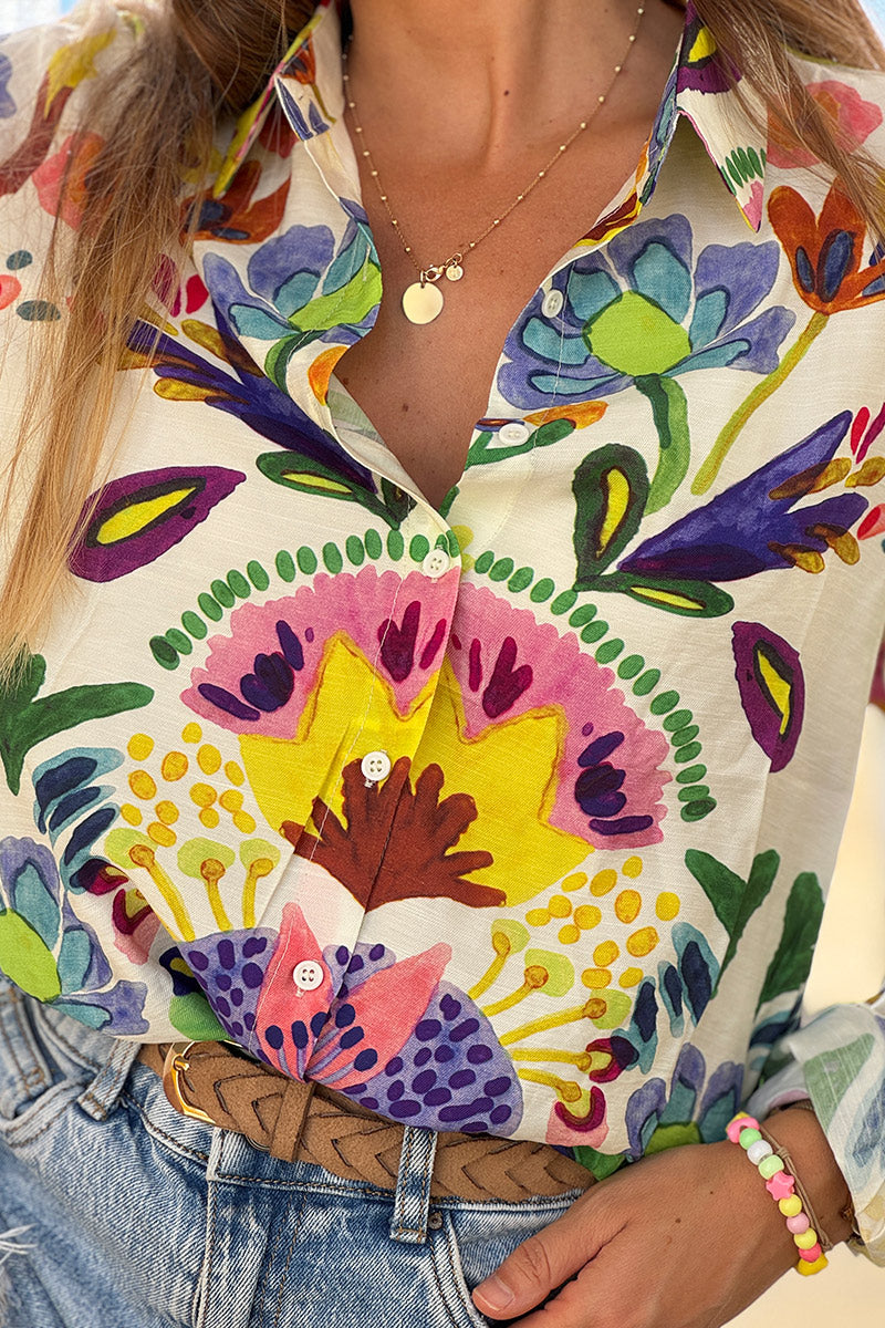White Lotus Print Button-Down Blouse