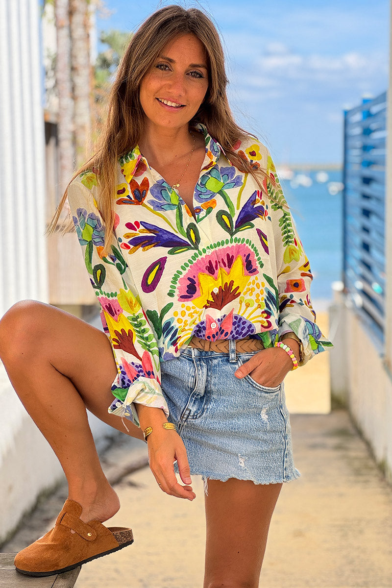 White Lotus Print Button-Down Blouse