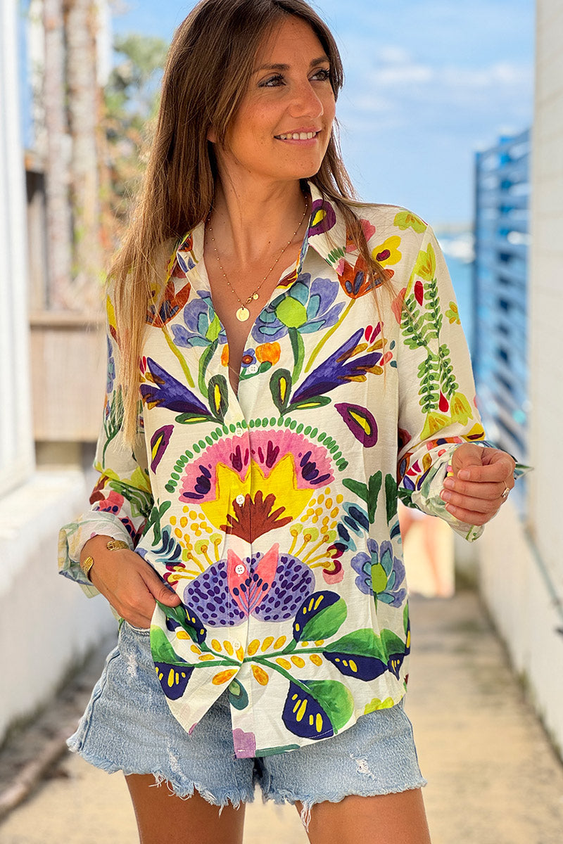 White Lotus Print Button-Down Blouse