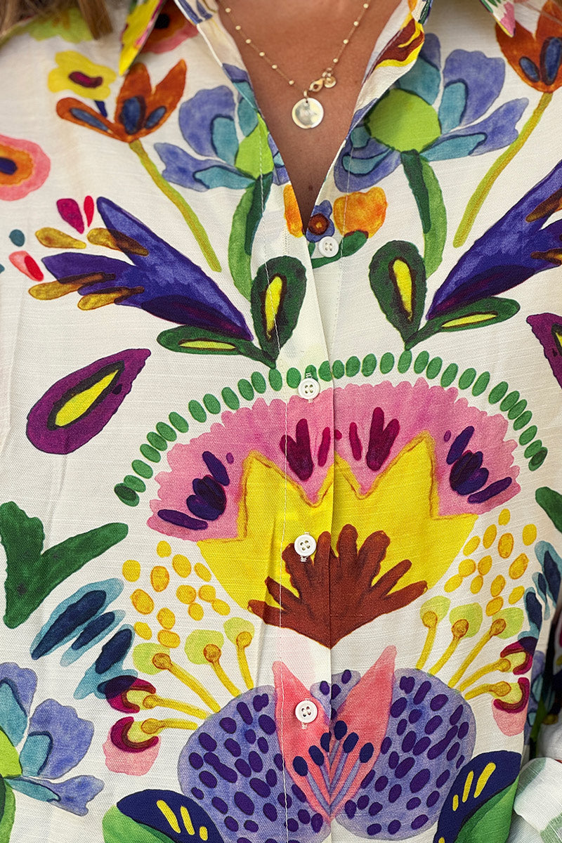 White Lotus Print Button-Down Blouse