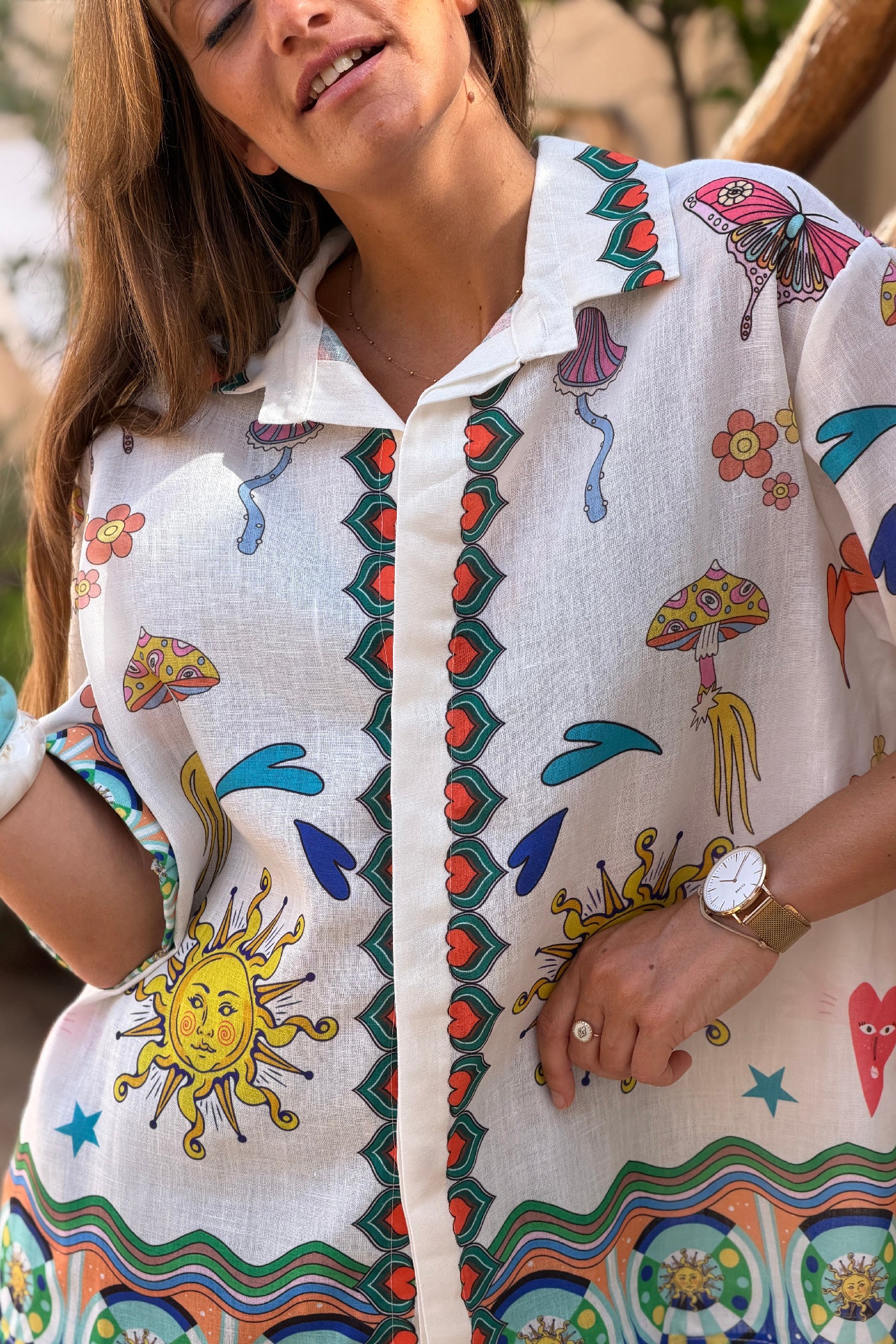 White Psychedelic Sun Button-Down Blouse