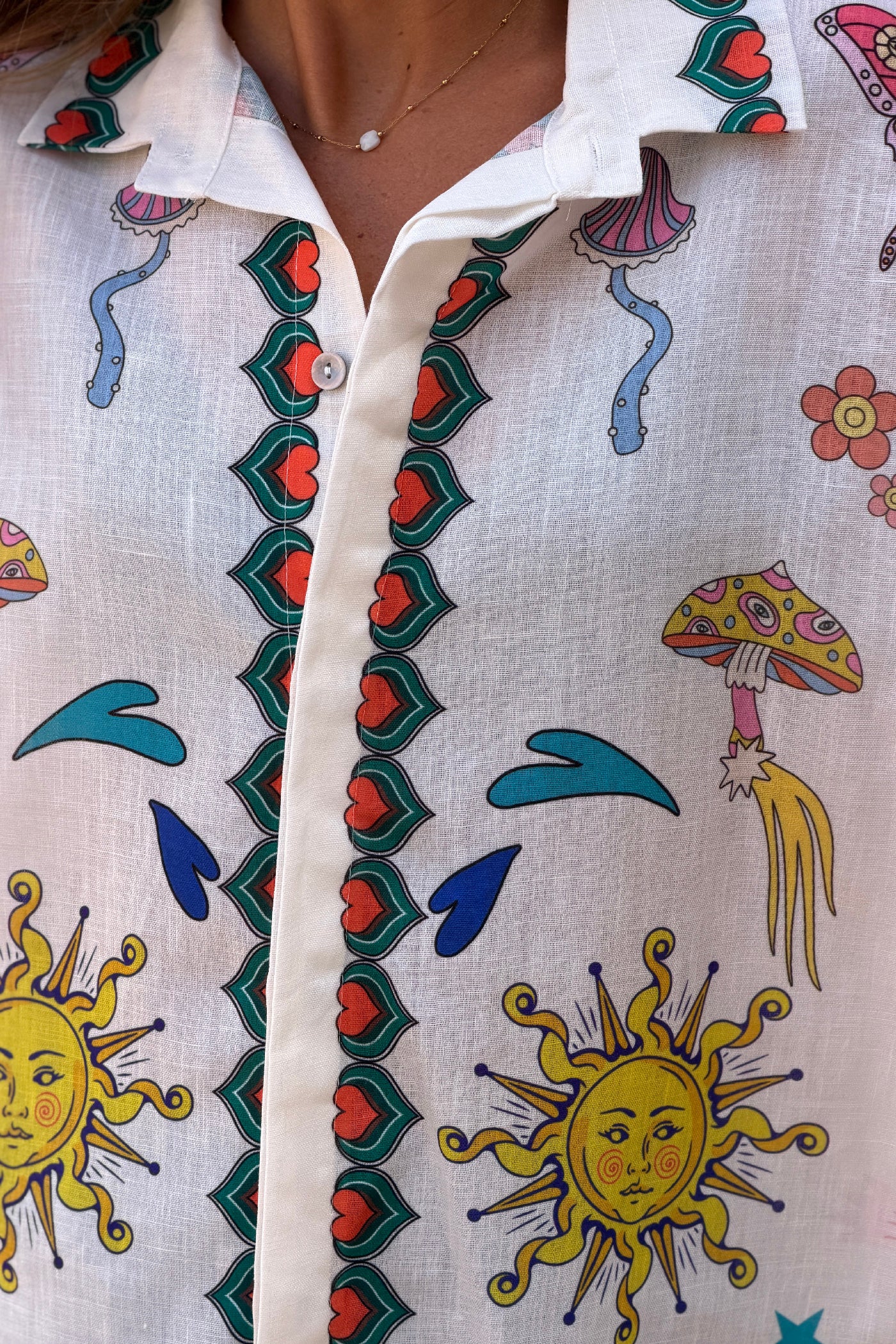 White Psychedelic Sun Button-Down Blouse